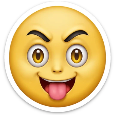 A yellow round face emoji smirking with its tounge out but the eyes are evil and kind of crazy and only one eyebrow is raised higher than the other sticker