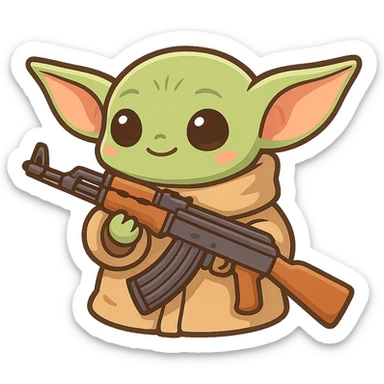Baby Yoda holding an AK-47, cartoon style, cute and playful sticker