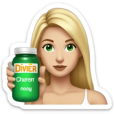 white woman, emerald green eyes, dark-rooted blonde hair, defined thin light brown eyebrows, large breasts, holding in her hand a jar that has a label that says DIVIHER in orange letters sticker