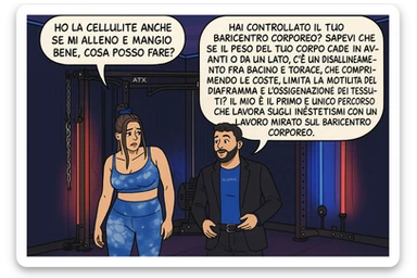 TRASFORMA QUESTO CAROSELLO IN UN FUMETTO CON QUESTE DUE PERSONE IDENTICHE CHE INTERLOQUISCONO TRA LORO:

LEI: Ho la cellulite anche se mi alleno e mangio bene, cosa posso fare?

LUI: Hai controllato il tuo baricentro corporeo?
Sapevi che se il peso del tuo corpo cade in avanti o da un lato, c’è un disallineamento fra bacino e torace, che comprimendo le coste, limita la motilità del diaframma e l’ossigenazione dei tessuti?
Il mio è il primo e unico percorso che lavora sugli inestetismi con un lavoro mirato sul baricentro corporeo. sticker
