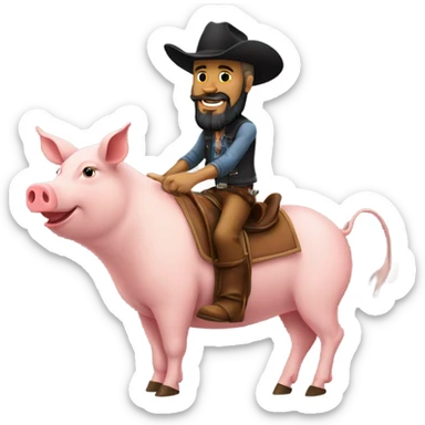 Man with tattoos and a beard with a cowboy hat and he’s riding a pig sticker