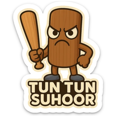 Make the chibi Tun Tun Suhoor wooden stick character look angry, with furrowed brows, glaring cartoon eyes, and a frown, in the chibi stickers style, with no background. sticker