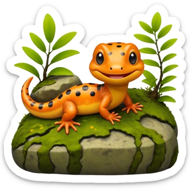 A 3D cartoon salamander on a mossy rock, orange and black spots, smooth shiny skin, small smiling face, soft realistic lighting, Memoji-style look. sticker