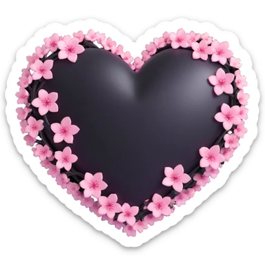 goth sakura heart, black heart with pink cherry blossom petals, glossy and rounded, dramatic and cute sticker