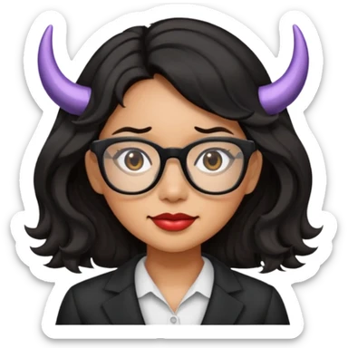 filipino woman with medium wavy hair and black square glasses with horns sticker