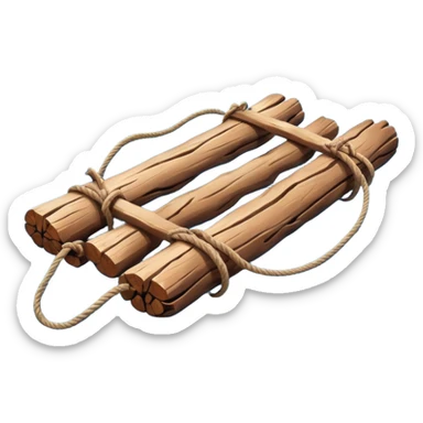 showing a simple wooden raft floating on calm blue water — made of several brown logs tied together with rope — gentle ripples around it — bright, cheerful lighting and soft shadows — minimalist, clean emoji design sticker
