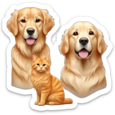 one orange cat and two golden retriever dogs sticker