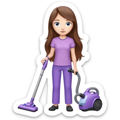 beautiful girl with long brown hair, blue eyes and wearing light purple clothes, cleaning and vacuuming sticker