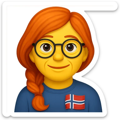 Add long wavy orange-red hair, tied loosely to the left, to a middle-aged Norwegian woman with large round glasses. Keep the emoji style and all other features the same. The style should resemble emoji style with a transparent background. sticker