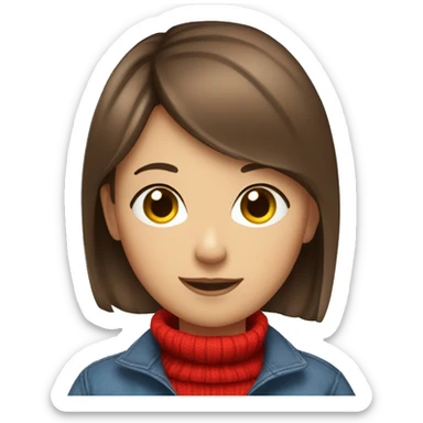 a girl, short brown hair, hazel eyes, wearing a red sweater and blue jeans taking a picture in a mirror sticker