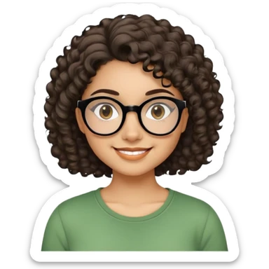 Young Latina woman with light brown skin. Round friendly face. Dark brown eyes with black-framed glasses. Thick arched eyebrows. Short voluminous curly hair. Big smile showing dimples. Wearing a green casual top. sticker