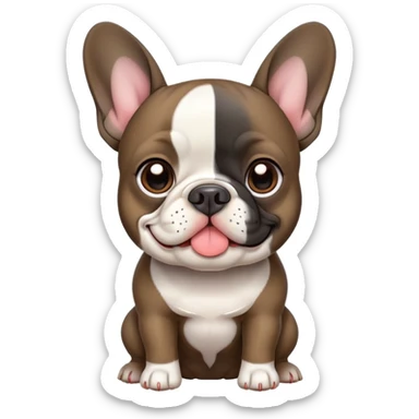 create A simple, cartoony emoji design of a French Bulldog with a dark brindle coat and a white chest, large upright ears, and a friendly expression. The style should resemble an Apple iOS emoji, with clean lines, minimal details, and a plain background. sticker