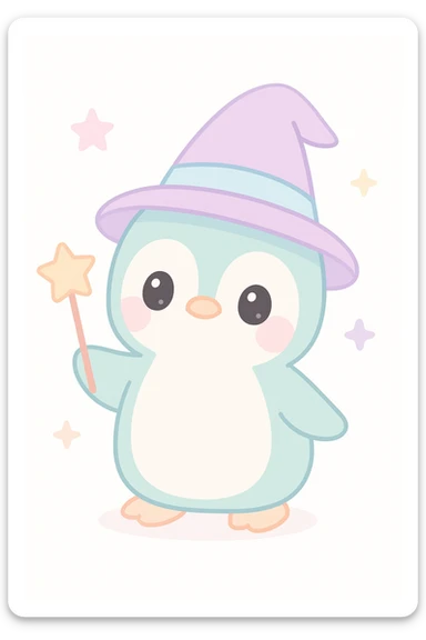 wizard penguin, magical hat, holding a wand, fantasy, cute sticker