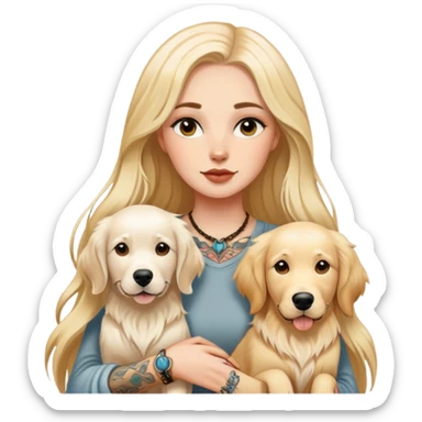 a  white girl with long hair with tattoo with 2 white golden retriever  sticker