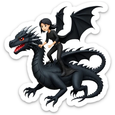 Extreme huge black dragon flying with a small female rider on top of it with black clothes sticker