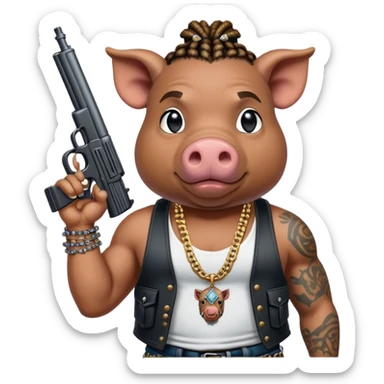 african-american race pig with dreads looking gangster with gun and tank top, with diamond blinging chain, with tattoos sticker