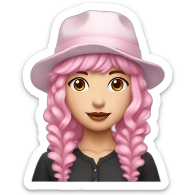 •	Pale pink hair 	•	Youthful facial features 	•	Casquette hat with frills 	•	Dress with lots of frills sticker