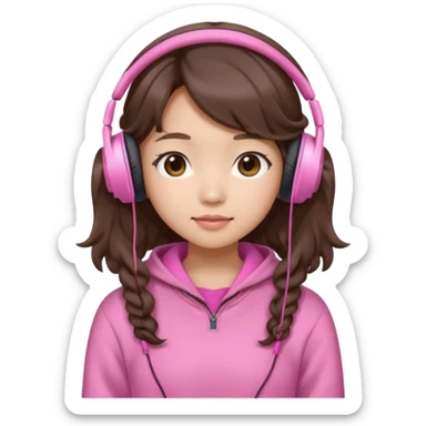 a asian japanese girl with wavy silky brown hair and no bangs. she has a cute pink gaming headphones. she is wearing a cute pink sweater  sticker