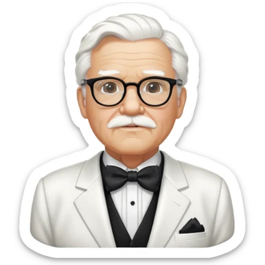 Colonel Sanders KFC, old man with white hair, white goatee, black bow tie, white suit, glasses sticker