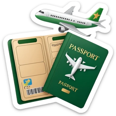 passport with airplane tickets sticking out, Apple emoji style, colors #173e12 and #c1a793, no text, simple shapes, minimalist sticker