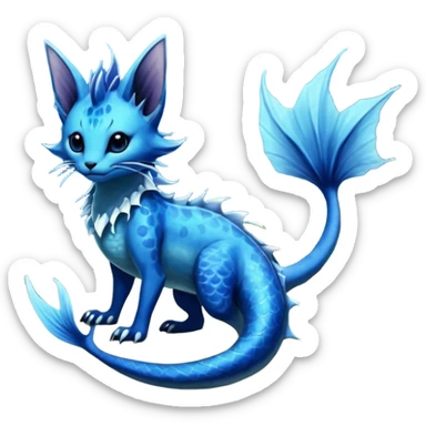 Epic complex abyssal fantasy swampy glorious detailed dark dusky gloomy deep gothic gloomy cobalt-blue-abyss-blue-black-greyish, realistic Fakémon-Sprigatito-Floragato-Meowscarada-Vaporeon-Salandit-Trico-Sergal-Serval-Vernid-creature (full body) with mermaid-ears, tail fin, shiny sparkly, iridescent sticker