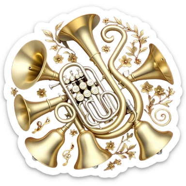 Create a festive and elegant emoji collage featuring a bouquet or fan of brass instrument bells (trumpets, saxophones, trombones, tubes, etc.) arranged in a radiant, symmetrical pattern. The instruments should have polished, golden and silver finishes, with their large, shiny bells forming a beautiful, fan-like display. Include a flowing ribbon of musical notes swirling through the center, conveying movement and melody. The background should feature a deep red velvet texture, adding a touch of luxury and sophistication. The overall composition should be balanced, with an elegant and regal feel, with a transparent background to keep focus on the instruments and musical elements. sticker
