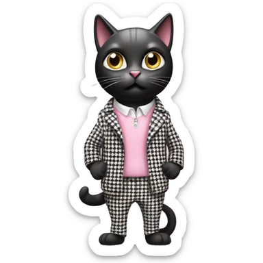 Draw a cute cartoon black cat standing in a stylish black and white houndstooth jacket and light pink pants. The cat has a surprised or concerned expression with wide-open eyes and a downturned mouth against a white background. sticker