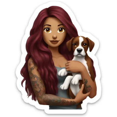 Beautiful tattooed  burgundy long haired woman holding a boxer puppy sticker