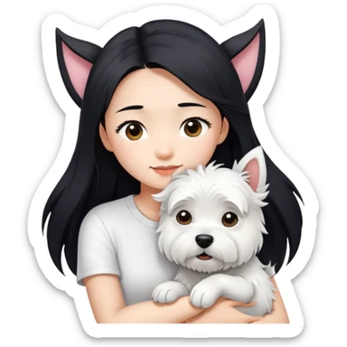 An Asain girl with long black hair to her wearing a white tight tshirt, she is hugging a west highland terrier with big ears  sticker