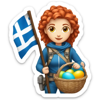 Greek Female winter mountaineer red hair white skin climbing with Greek Flag and Easter eggs basket sticker