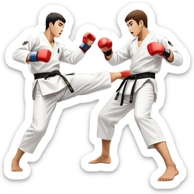 Two taekwondo fighters in traditional white doboks with black belts. One delivers a powerful kick, while the other defends by blocking with his knee. The background shows a professional arena with bright lights and an excited crowd. Transparent background highlights the intense action sticker