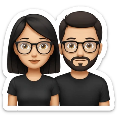 chico con gafas y barba corta moreno  camiseta negra al lado una chica pelo negro  largo piel blanca y camiseta rosa ojos marrones sticker