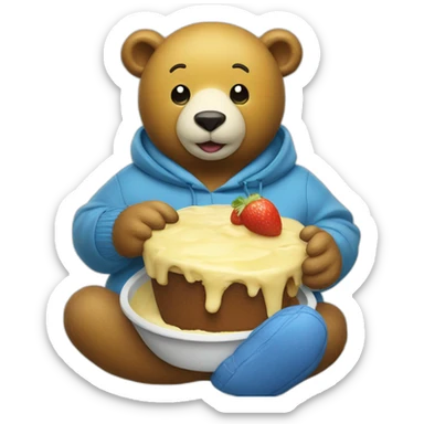 f Yellow bear with White nose and a blue pullover eating Pudding sticker