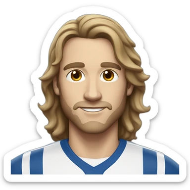 White man with light eyes, with long wavy dark brown hair, dressed in a blue and white team shirt sticker