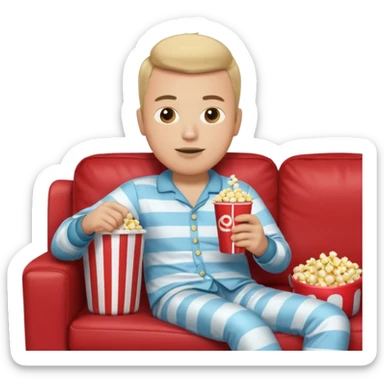 male memoji, lazy man in pajamas, lying on couch, holding TV remote, relaxed face, casual home vibe, popcorn bucket, watch tv sticker
