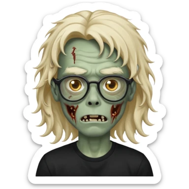 A zombie boy with long, wavy, falling hair, non-oval glasses, and a black t-shirt. sticker
