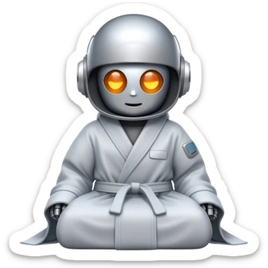 An emoji of a remote-working robot, sitting comfortably wrapped in a cozy bathrobe. The robot's head resembles a sleek, futuristic helmet with a smooth, reflective surface. Its eyes are not human-like but rather glowing digital slits or circular LED indicators. sticker