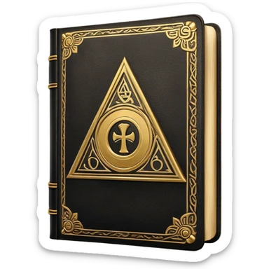 A black and gold book with an aged leather texture, embossed with an alchemical symbol, a compass, or a forging hammer, exuding wisdom, mastery, and the relentless pursuit of greatness. - book on mastery ... silhouette of a triangle  sticker