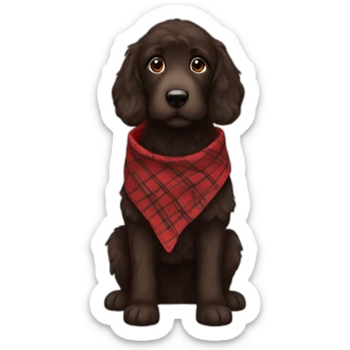 Dark chocolate colored doodle wearing a red and black flannel handkerchief sticker