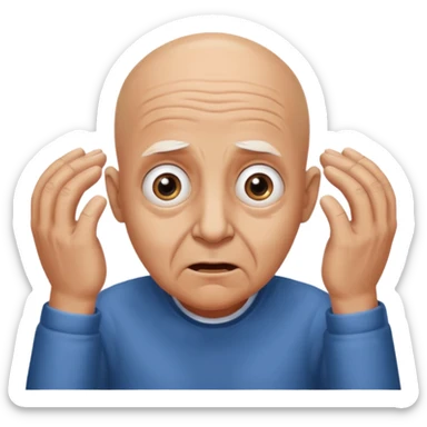 A bald person who’s very old is staring, he’s inside a toilet and his head is upright and looking at the camera with very wide eyes and his hands are putting pressure on his head, very scared expression and he’s twerking sticker