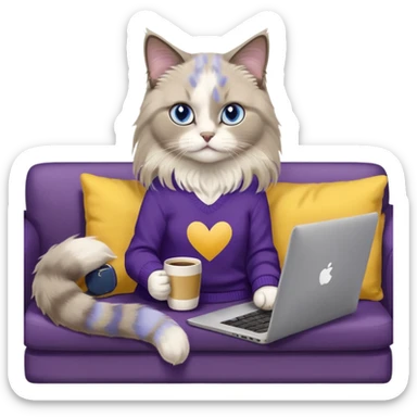 a cute blue eyed brown and white ragdoll cat with white paws and brown and beige tail wearing the dark violet sweater with yellow letteting "Milena" sitting on a grey sofa with grey laptop branded lettering "Lenovo" and drinking coffee sticker