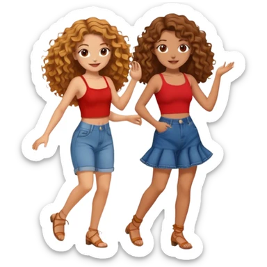 Two friends dancing, one with honey color hair, long and curly hair, brown eyes red crop top and baggy jeans and the other friend with brown with natural waves honey eyes and with a cute dress sticker