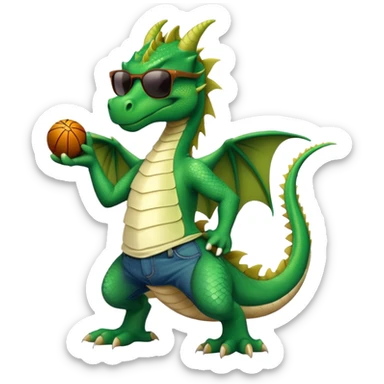 friendly anthropomorphised green dragon in a sports t-shirt and jeans wearing dark sunglasses sticker