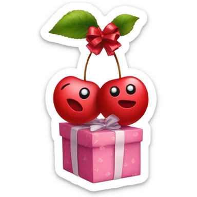 An emoji of two cherries hanging from a gift bow, with a delicate ribbon tying them together sticker