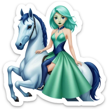 alien reptilian green skin woman, in short slim pastel blue formal party satin dress with gradient shiny sparkling navy blue diamonds embroidered , ride a White horse sticker