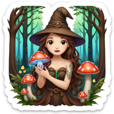cute forest witch woman long wavy brown hair tattoos hugging glowing mushroom sticker