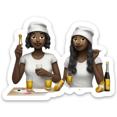 two girls one black and one once, dressed as painters with paint brush and paint all over drinking champagne sticker