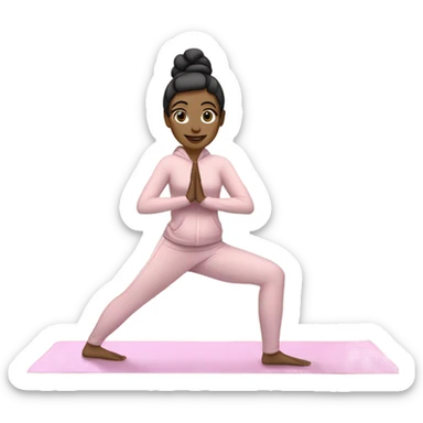 A girl in a yoga downward dog position, wearing light colored lululemon pink, long sleeve active jacket and gray lounge pants. Black hair tied in up in a scrunchie. She has a light pink yoga mat underneath her. She is light skin. A laptop nearby. sticker