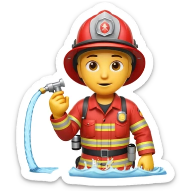 A 3D Apple-style yellow emoji character dressed as a firefighter in a bright red uniform and helmet, holding a fire hose spraying water forward, determined expression with cartoonish eyes, water splashing effect, clean minimal background sticker