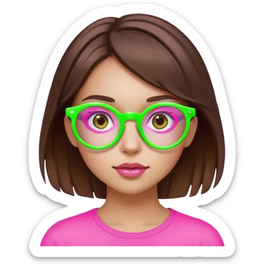 Make a girl with pink round glasses brown eyes and hair with a neon green hair sticker